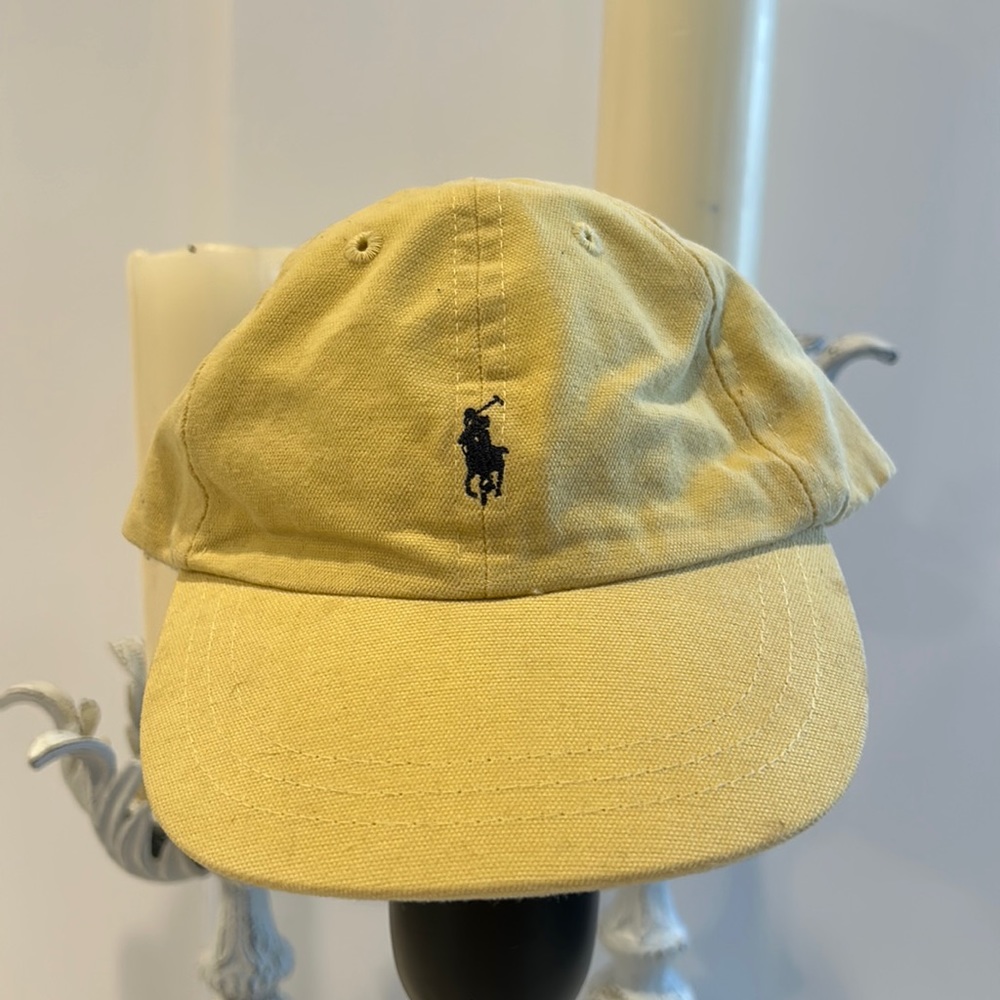 Polo by Ralph Lauren, yellow with blue logo, baseball hat